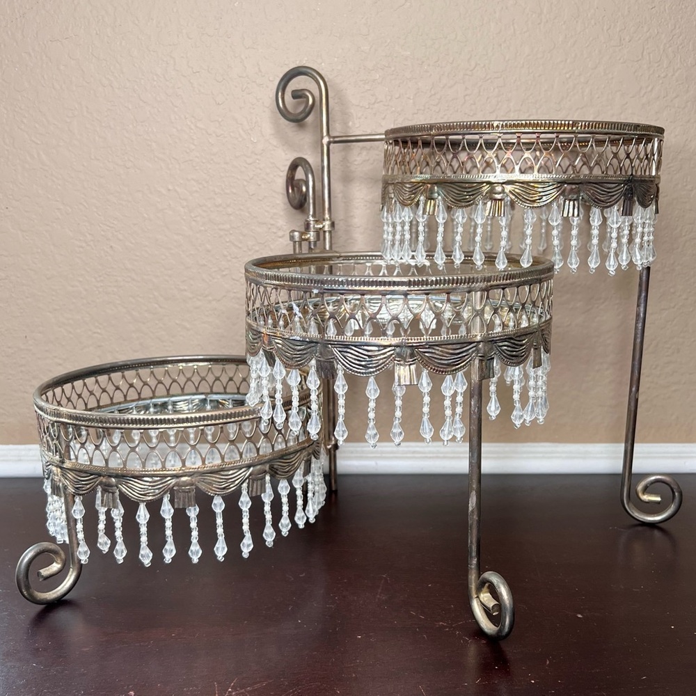 Vintage 1990s Davco Silver-Plated Three-Tier Beaded Cake Stand